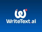 Logo with a stylized "W" resembling a pencil and an eraser, followed by "WriteText.ai" in white text on a blue background.