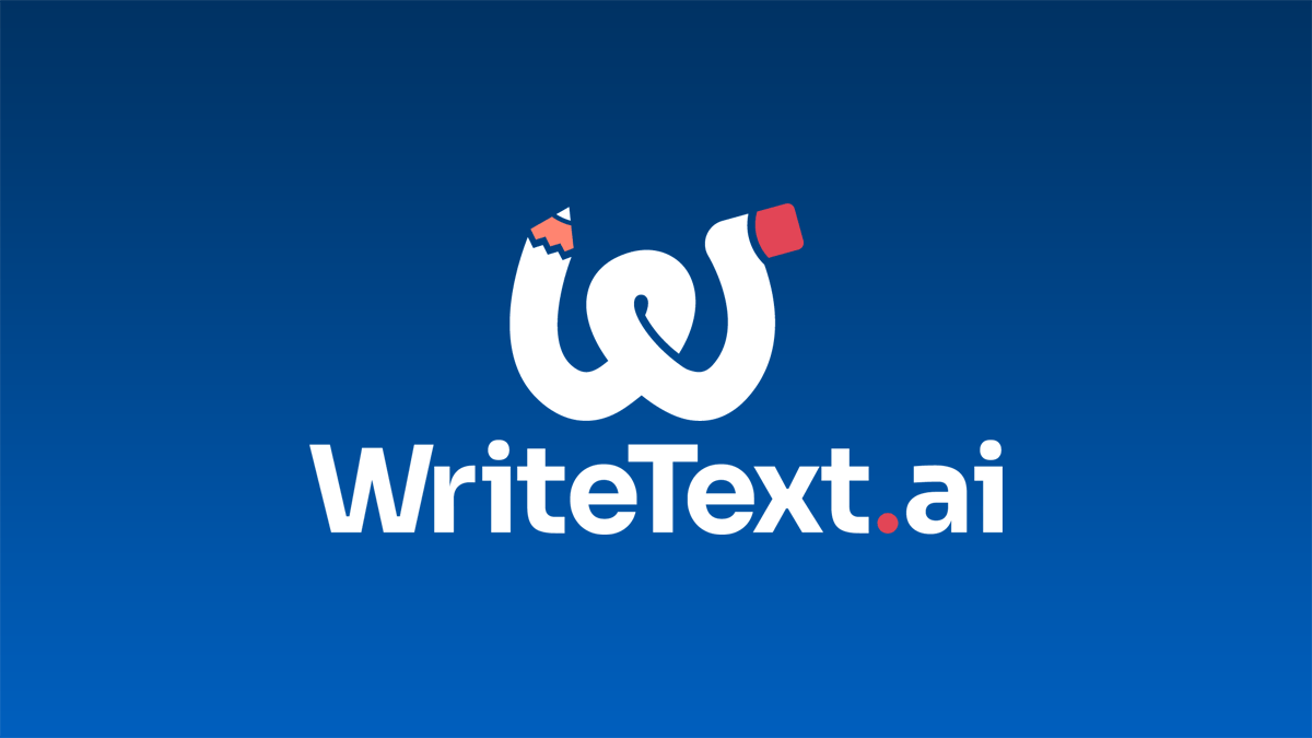 Logo with a stylized "W" resembling a pencil and an eraser, followed by "WriteText.ai" in white text on a blue background.