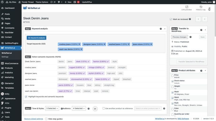 A webpage displaying keyword analysis for "Sleek Denim Jeans", showing keyword suggestions, their relevance percentages, and options to add or transfer the keywords.