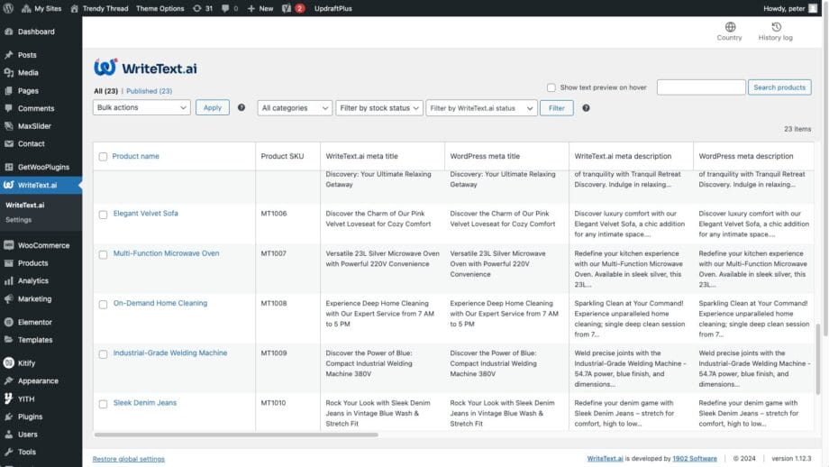 Screenshot of WriteText.ai product management interface showing a table with product details such as names, SKUs, short descriptions, and categories. Several filter options are available above the table.