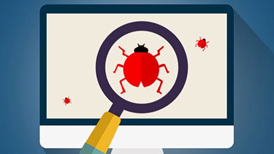 Illustration of a computer screen displaying an image of a red bug under a magnifying glass, with two smaller bugs nearby, representing the concept of debugging or software bugs.