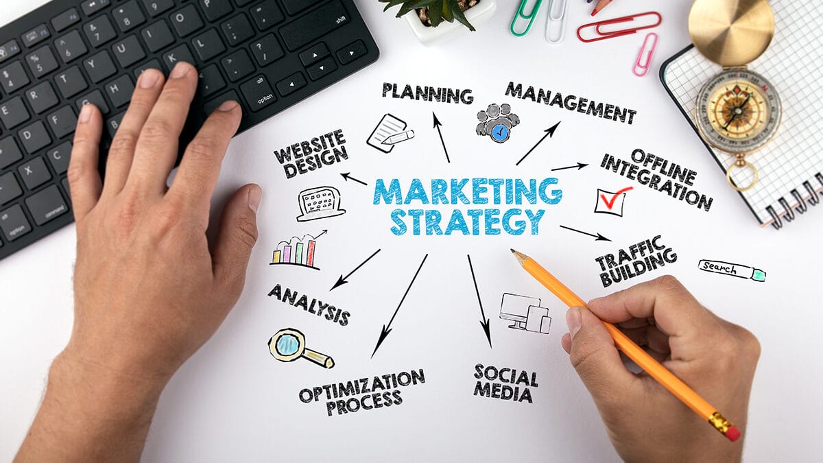 A person works at a desk with a computer keyboard, sketching a diagram labeled "Marketing Strategy" with connected terms like Planning, Management, Social Media, and Optimization Process.