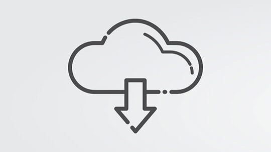 Simple line drawing of a cloud with a downward arrow inside, symbolizing cloud download. The background is light gray.