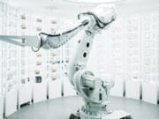 A sleek robotic arm in a well-lit, modern laboratory filled with organized rows of containers.