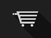 A gray shopping cart icon on a black background with a long shadow extending to the right.