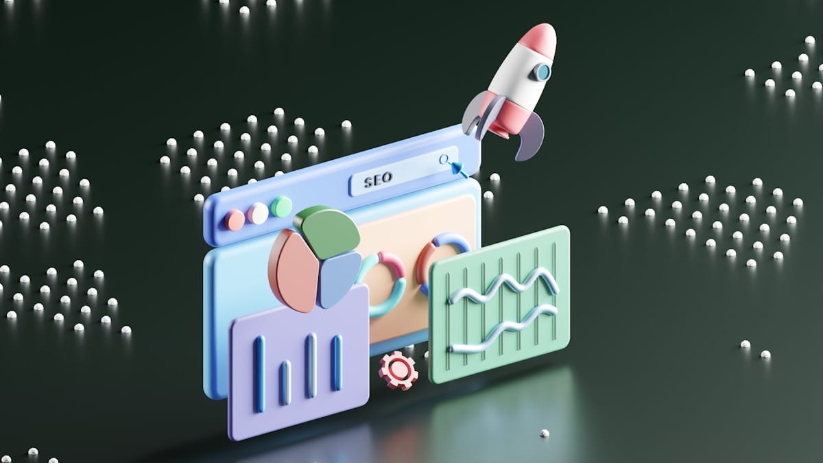 3D illustration of an SEO concept with a computer window containing charts and graphs, a gear icon, and a rocket taking off, all set against a dark background with white dots.