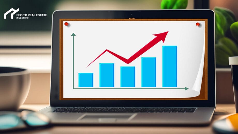 A laptop displaying a graph with increasing bar heights and a rising red arrow, indicating growth. The screen has the logo "SEO to Real Estate Investors." A plant and a coffee cup are nearby.