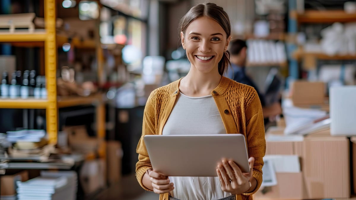 A woman stands in a warehouse, smiling and holding a tablet. Shelves filled with boxes and products are visible in the background.