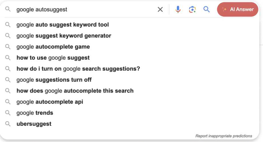 Screenshot of Google search results for "google autosuggest," showing related search queries like keyword tool, keyword generator, and how to use Google suggest.