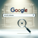 Google search bar displaying the query "semantic relevance" with a magnifying glass icon below.