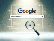 Google search bar displaying the query "semantic relevance" with a magnifying glass icon below.