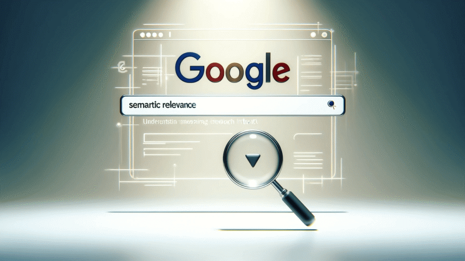 Google search bar displaying the query "semantic relevance" with a magnifying glass icon below.