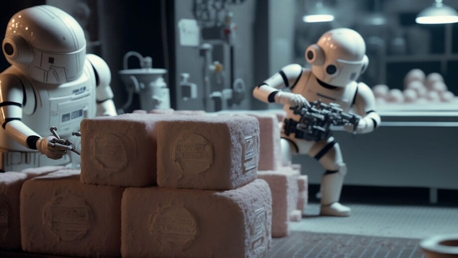 Two robots in a workshop setting, assembling machinery beside stacked foam blocks under overhead lights.