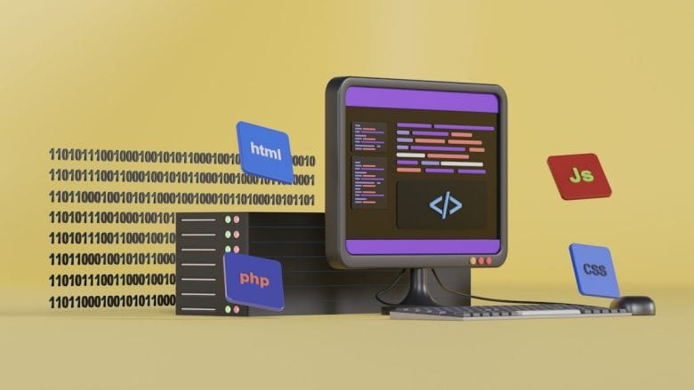 A computer monitor displays code with floating HTML, PHP, JavaScript, and CSS icons in a yellow background. Binary code and a keyboard are also present.