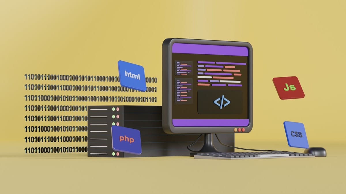 A computer monitor displays code with floating HTML, PHP, JavaScript, and CSS icons in a yellow background. Binary code and a keyboard are also present.