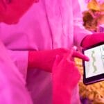 Two people in lab coats examine data on a tablet in a pink-lit indoor farm.