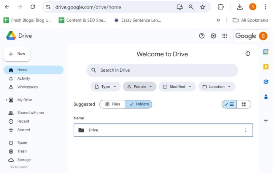 Google Drive interface showing a search bar, filter options, and a suggested folder named "Drive" under the "Home" section in the sidebar.