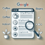 Illustration of a Google search page with a magnifying glass, showing terms related to keywords and coffee, surrounded by beans and plants.