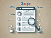 Illustration of a Google search page with a magnifying glass, showing terms related to keywords and coffee, surrounded by beans and plants.