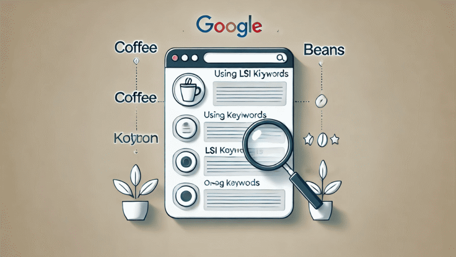 Illustration of a Google search page with a magnifying glass, showing terms related to keywords and coffee, surrounded by beans and plants.