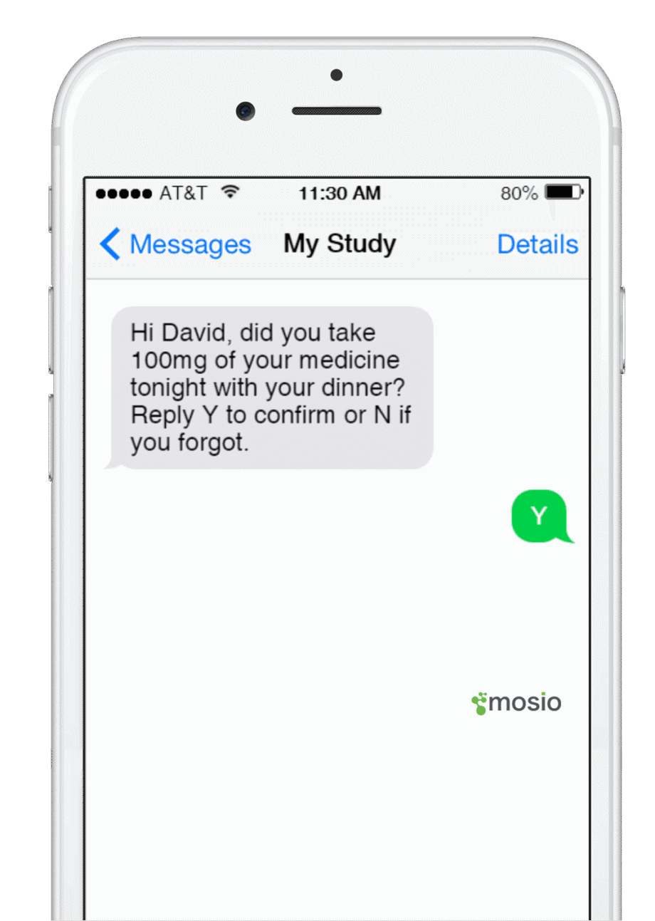 A smartphone screen showing a text message asking if 100mg of medicine was taken. The recipient responds with "Y" to confirm.