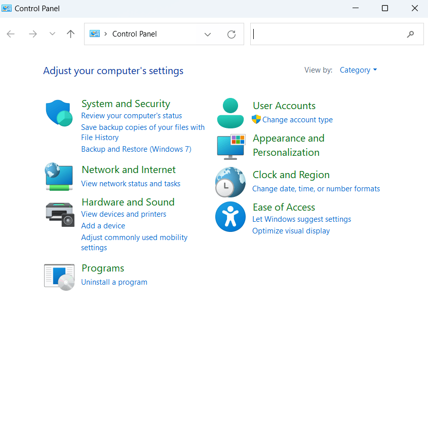 Screenshot of the Windows Control Panel displaying categories including System and Security, User Accounts, Network and Internet, Appearance and Personalization, Hardware and Sound, and more.