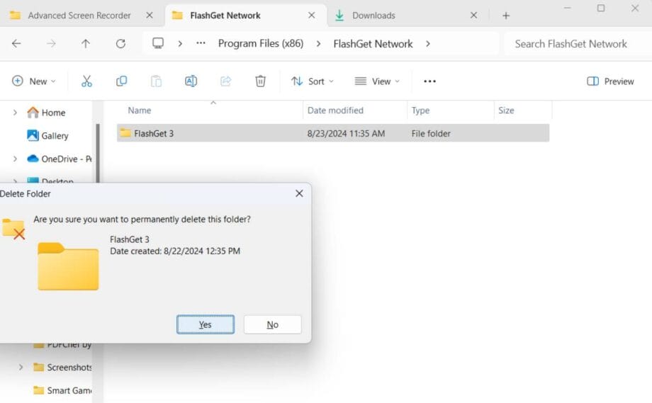 A dialog box asks for confirmation to permanently delete the "FlashGet 3" folder. Two buttons say "Yes" and "No." The folder path is visible in a file explorer window.