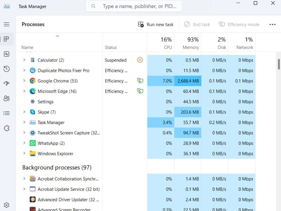 Task Manager window showing various processes, CPU, memory, disk, and network usage. Calculator suspended, Google Chrome and Edge with moderate memory use.