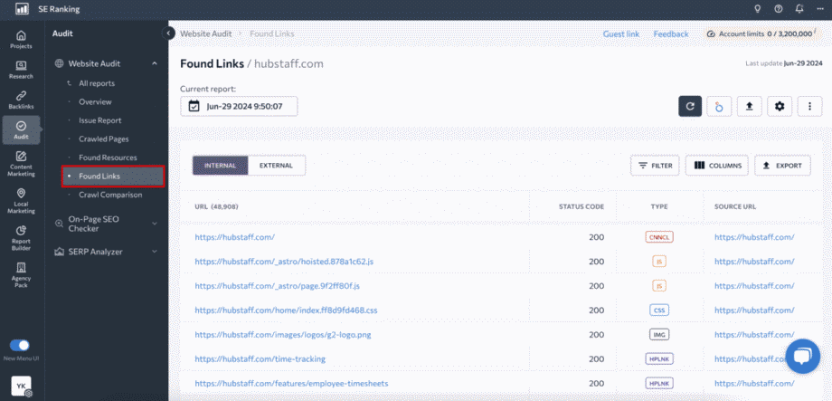 Screenshot of SE Ranking's audit tool. It displays a list of found links with URLs, status codes, types, and occurred on June 29, 2023. Options for filtering, exporting, and columns are visible.