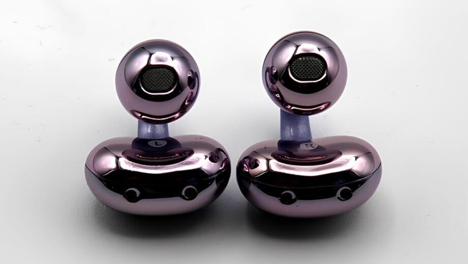 Shiny purple Sanag S6S Open Ear Clip Earphones with labeled left and right indicators on a white background.