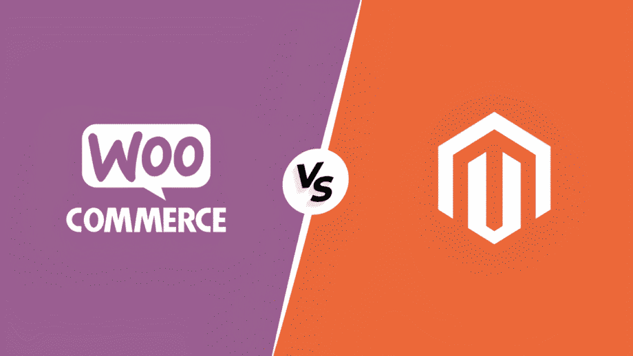 Split WooCommerce vs Magento image displaying WooCommerce logo on the left with a purple background and Magento logo on the right with an orange background, separated by a "vs" in the center.