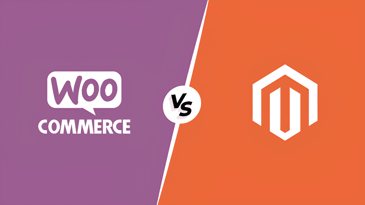 Split WooCommerce vs Magento image displaying WooCommerce logo on the left with a purple background and Magento logo on the right with an orange background, separated by a "vs" in the center.