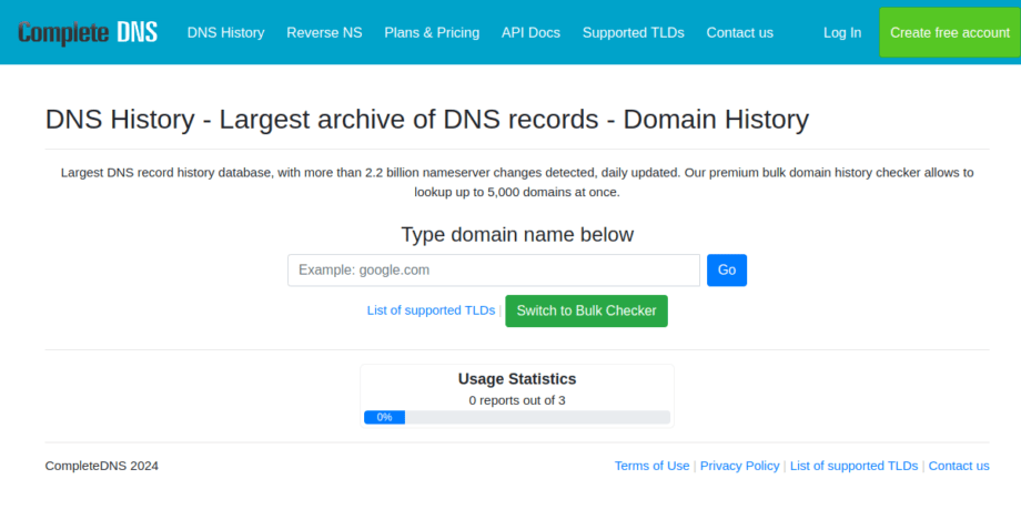 Screenshot of Complete DNS homepage, featuring a domain search bar, usage statistics, and navigation links for DNS history, pricing, and supported TLDs.