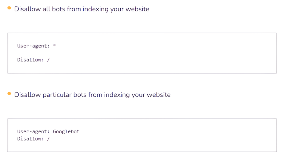 Screenshot of robots.txt examples: one disallows all bots with "User-agent: * Disallow: /", the other disallows Googlebot with "User-agent: Googlebot Disallow: /".