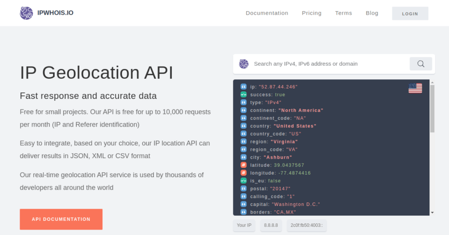 Screenshot of IPWHOIS.IO homepage showcasing their IP Geolocation API service with a sample response displaying IP details like country, city, and coordinates.