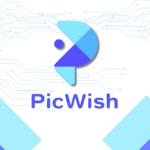 Logo of PicWish, featuring a stylized, abstract "P" in blue and purple tones, with circuit pattern lines and geometric shapes in the background.