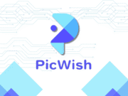 Logo of PicWish, featuring a stylized, abstract "P" in blue and purple tones, with circuit pattern lines and geometric shapes in the background.