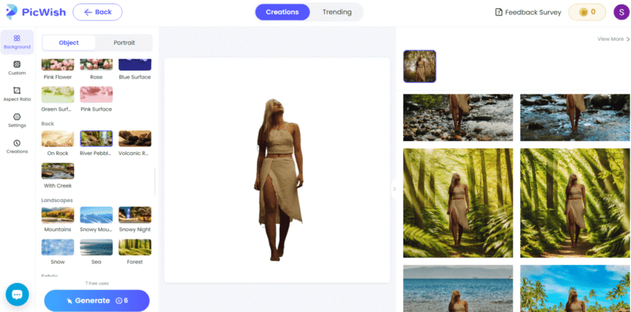 A woman stands wearing a beige dress in PicWish AI Photo Editing Tool interface. The screen displays various editing options and a preview of the edited image.