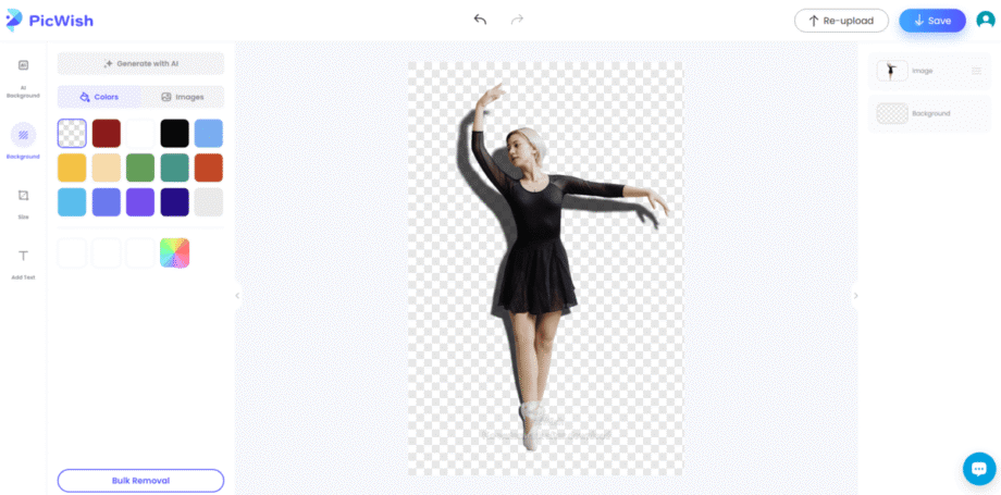 A dancer in a black dress and ballet shoes poses gracefully against a transparent background with color options on the left.