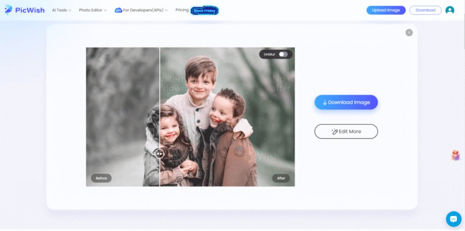 Before and after image of three smiling children, showing photo enhancement from a faded to a clearer version.