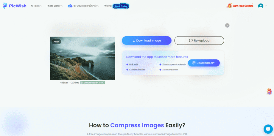 Screenshot of PicWish AI Photo Editing Tool showing a compressed image with before and after size details. Includes options to download the app and other features.