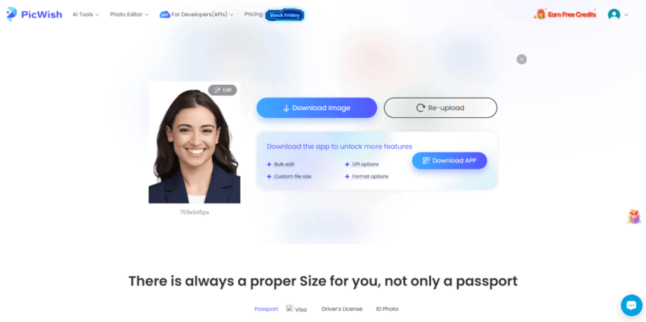 Screenshot of the PicWish website showing options to download or re-upload an edited photo. A portrait of a smiling person is displayed on the left.