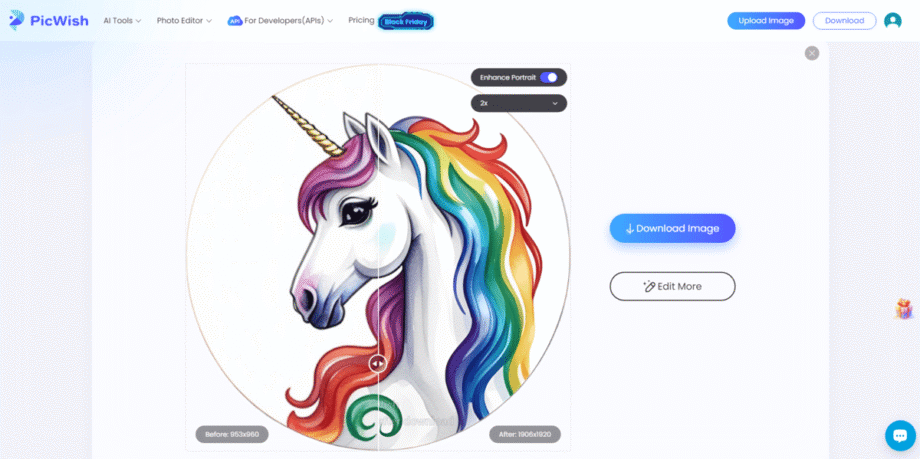 Illustration of a unicorn with a rainbow mane and a gold horn in a circular frame. Background shows the PicWish interface with image editing options.