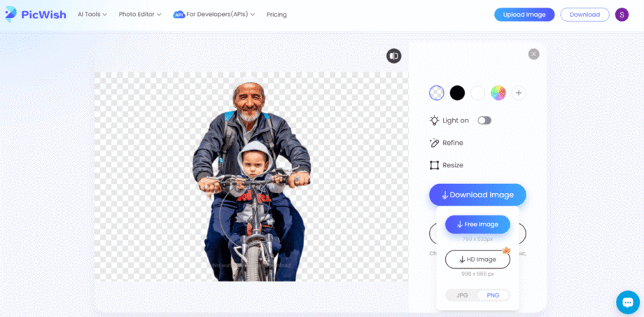 An older man and a child sit on a bicycle. The background has been removed using PicWish AI Photo Editing Tool.