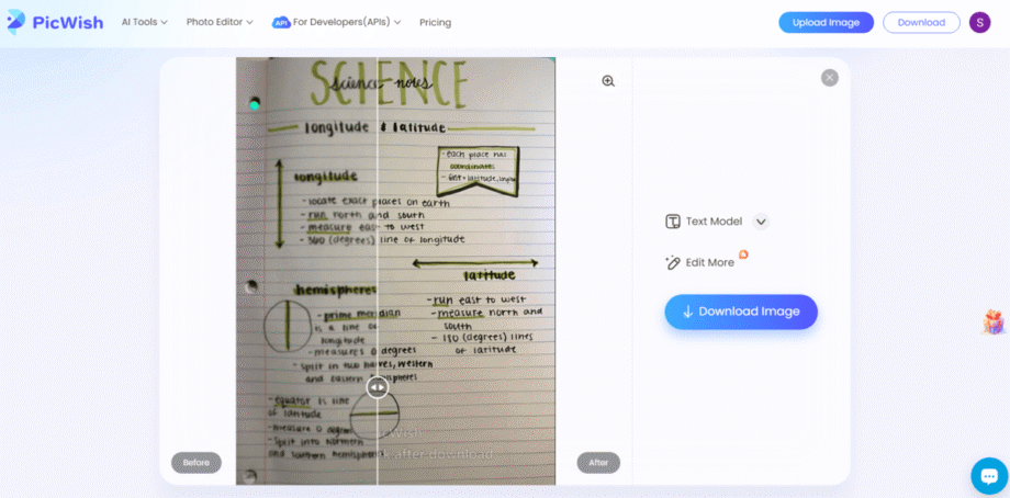 A notebook page with handwritten science notes on longitude, latitude, and hemispheres, including definitions and diagrams. Text is highlighted and organized in bullet points.