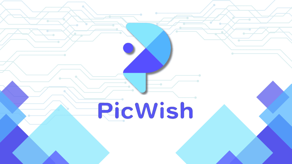 Logo of PicWish, featuring a stylized, abstract "P" in blue and purple tones, with circuit pattern lines and geometric shapes in the background.