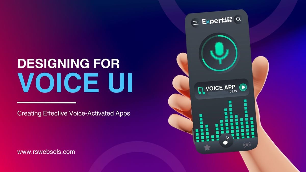 Illustration of a hand holding a smartphone displaying a voice app interface. Text reads, "Designing for Voice UI: Creating Effective Voice-Activated Apps.