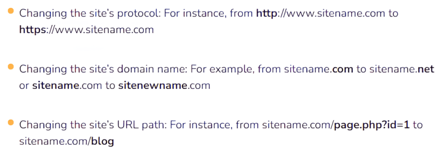 Instructions for changing website protocol, domain name, and URL path, with examples for each modification.