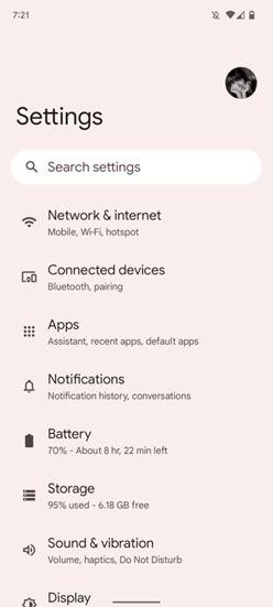 A smartphone settings screen displaying options for network, connected devices, apps, notifications, battery, storage, sound, and display.