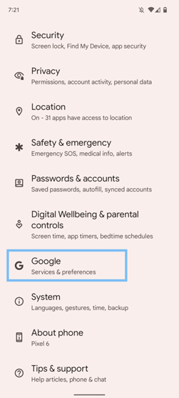 A smartphone screen showing settings options including Security, Privacy, Location, Safety & emergency, Passwords & accounts, Digital Wellbeing, Google, System, and About phone.